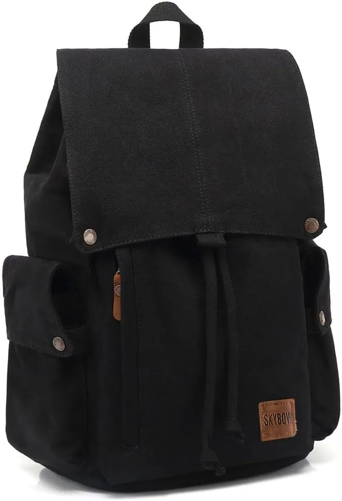 Canvas Vintage Backpack Casual Outdoor Daypack Rucksack for Men Women 15.6inch Laptop Hiking Travel Backpacks (BLACK)