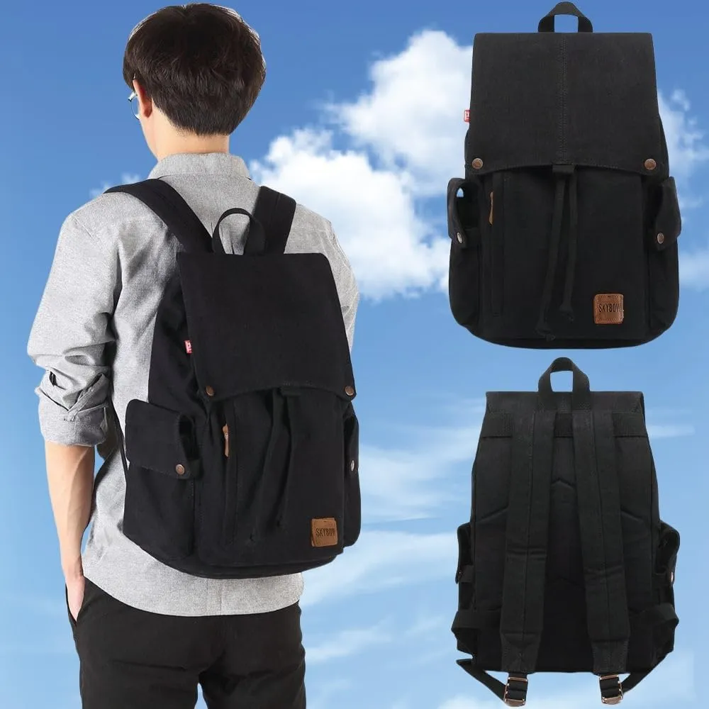 Canvas Vintage Backpack Casual Outdoor Daypack Rucksack for Men Women 15.6inch Laptop Hiking Travel Backpacks (BLACK)