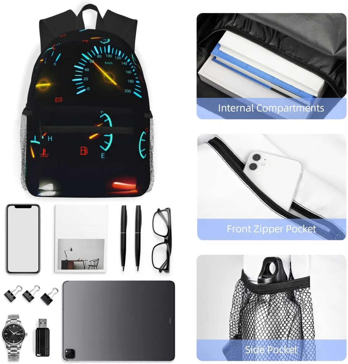 Car Dashboard Indicators Scales Backpack, Travel Laptop Backpack Computer Bag Rucksack for Men Women Business Work Fits 15.6 Inch Notebook