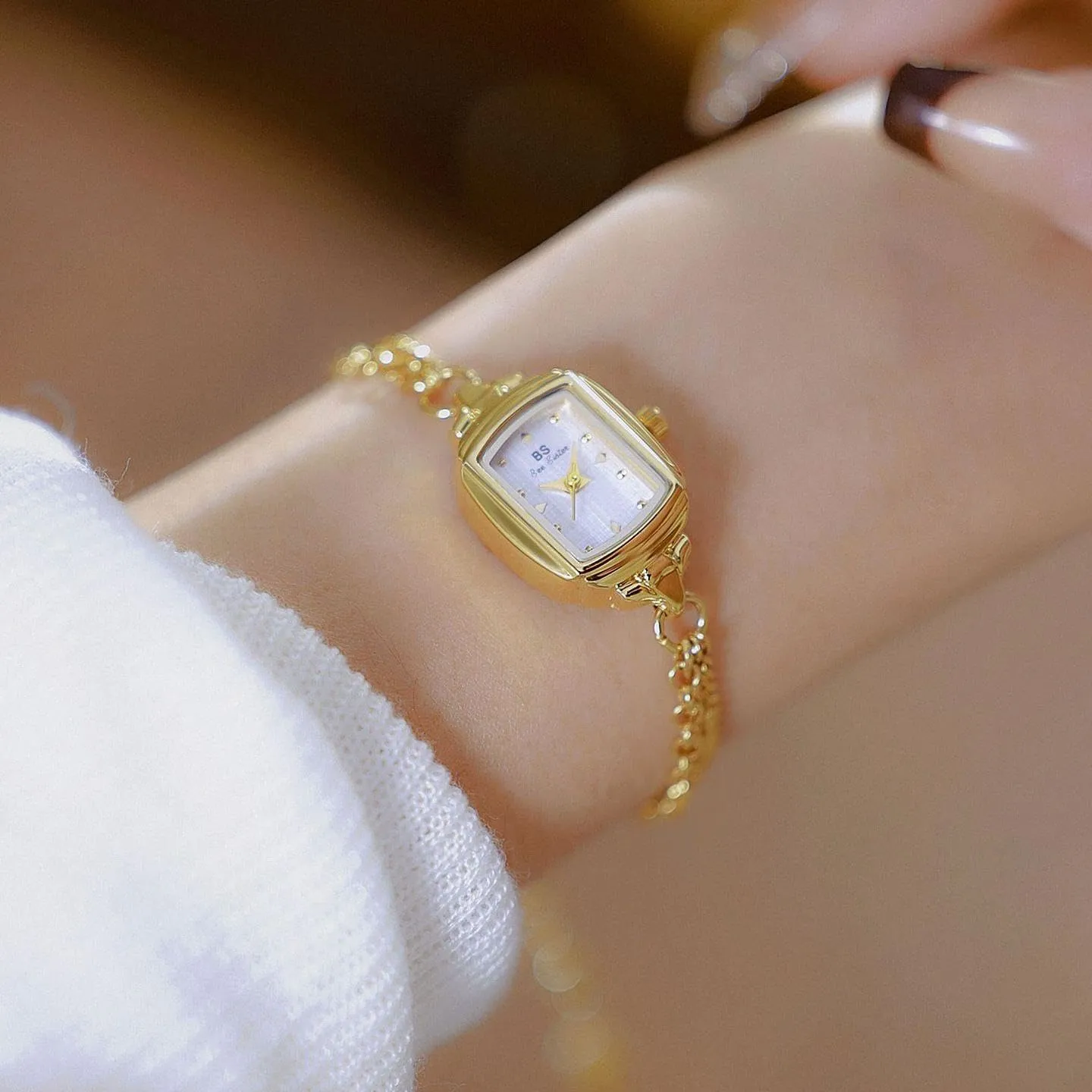 CARLIEN Womens Dainty Silver Gold Silver Rectangle Pearl Dial Tassel Chain Ultra Thin Waterproof Quartz Watch Ladies Dress Casual Elegant Analog Wristwatch Bracelet