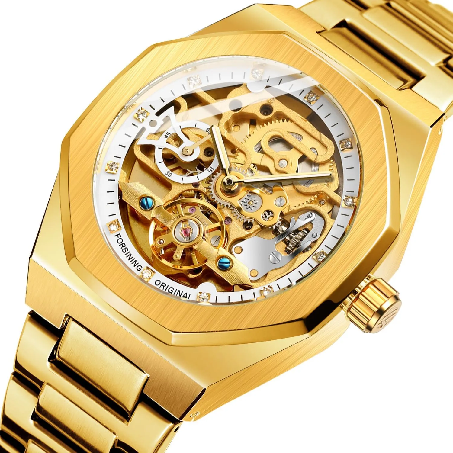 Casual Automatic Mechanical Watch 3D Diamond Skeleton Hollow Mens Wristwatches Luminous Tourbillon Stainless Steel Strap Watches