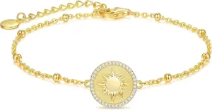 CDE Sun Bracelets for Women 925 Sterling Silver Adjustable 14K Gold Plated Charm Link Bracelet, Birthday Anniversary Christmas Jewelry Gifts for Women Wife Girlfriend Her Daughter