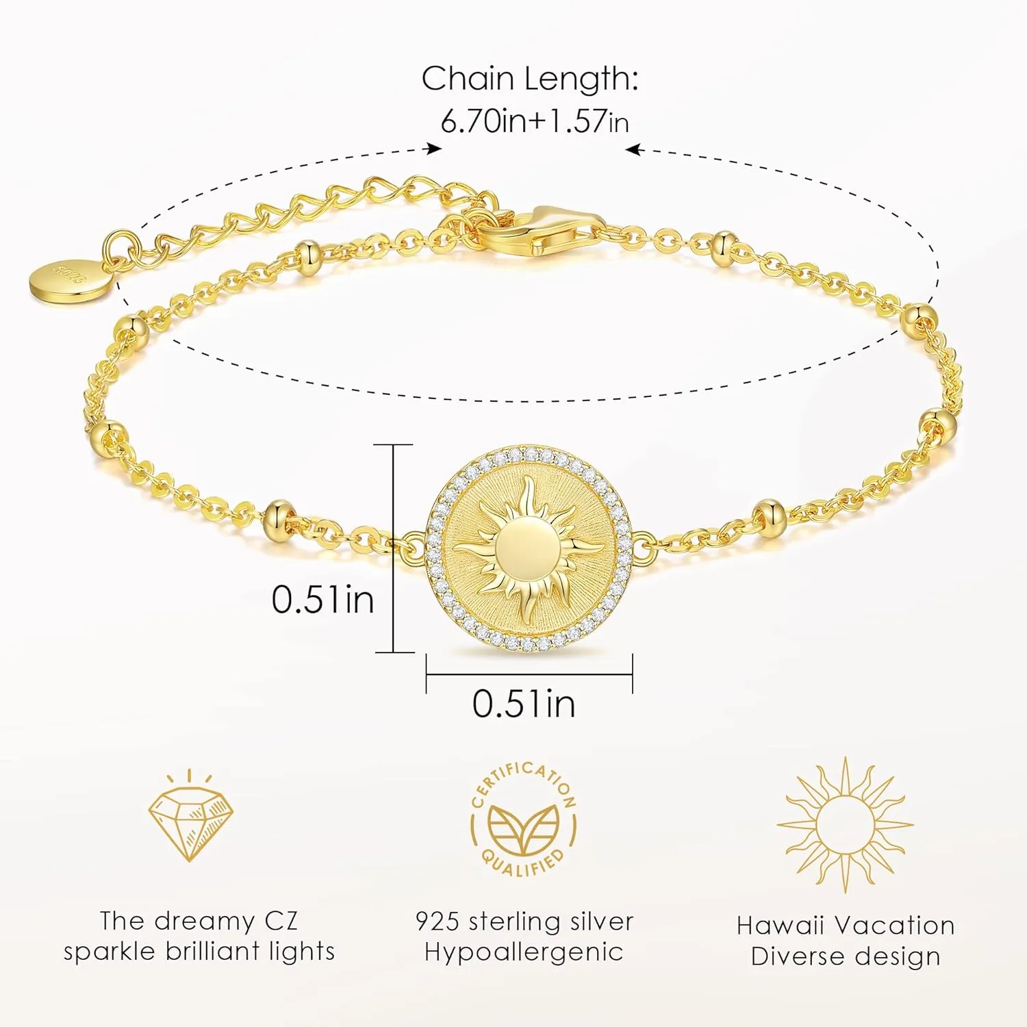 CDE Sun Bracelets for Women 925 Sterling Silver Adjustable 14K Gold Plated Charm Link Bracelet, Birthday Anniversary Christmas Jewelry Gifts for Women Wife Girlfriend Her Daughter