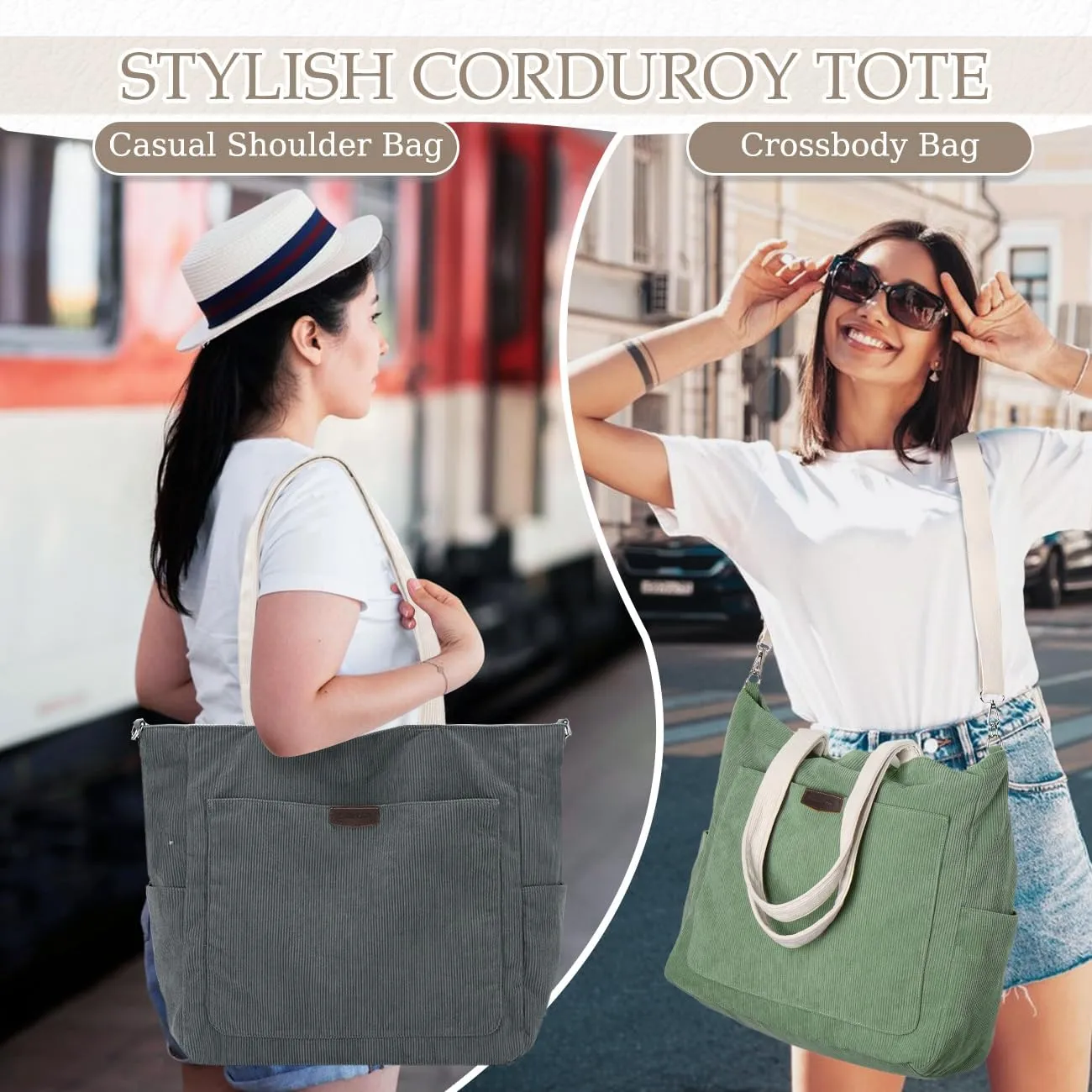 Chase Chic Corduroy Tote Bag for Women, Large Lightweight Shoulder Work Tote Crossbody Handbag for Girls