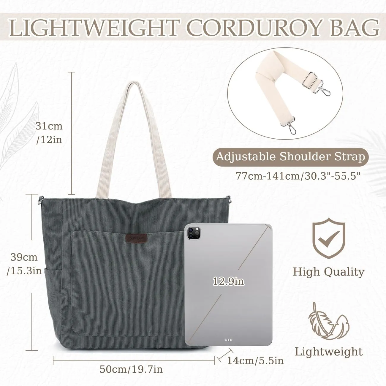 Chase Chic Corduroy Tote Bag for Women, Large Lightweight Shoulder Work Tote Crossbody Handbag for Girls