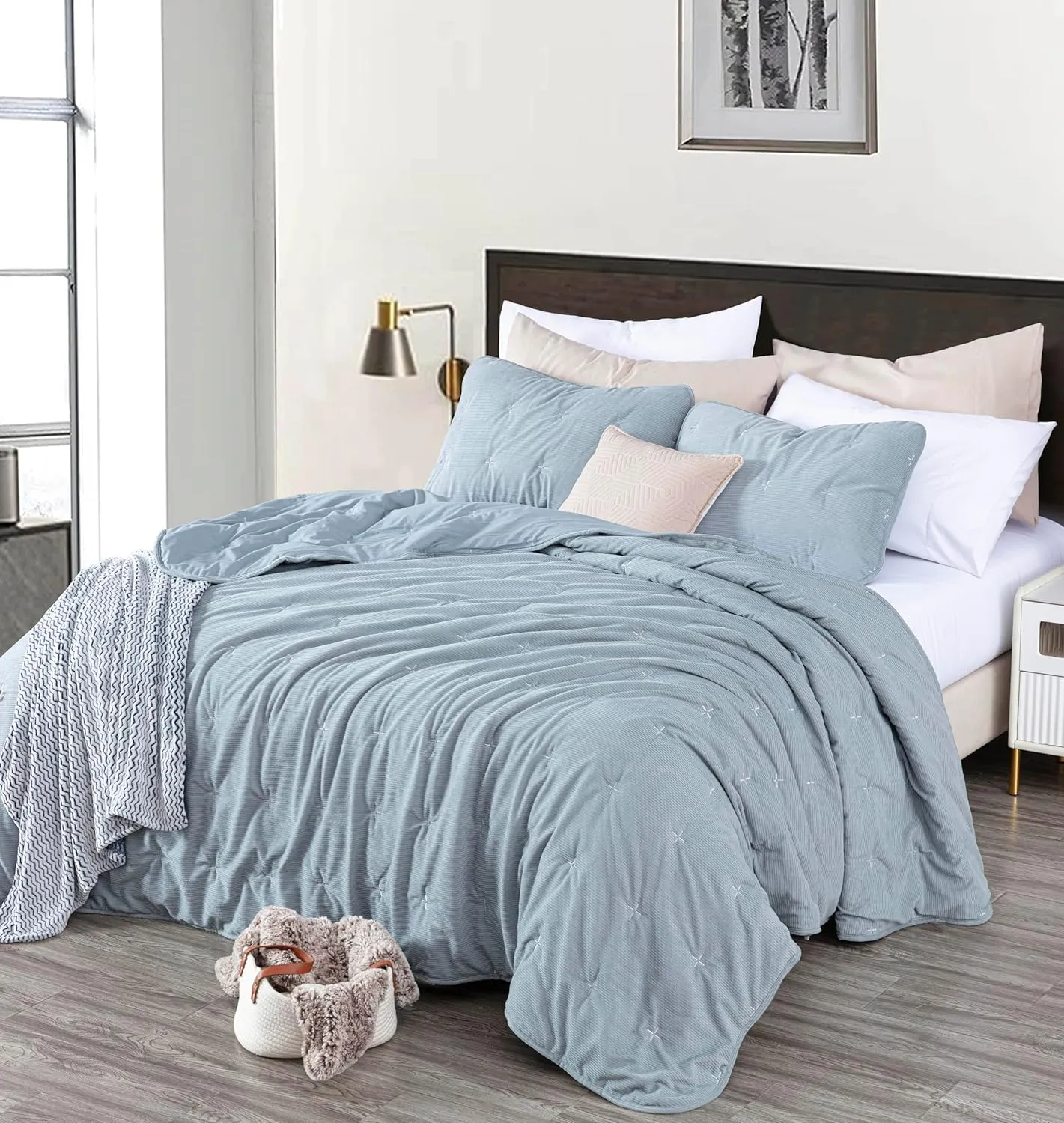 Chezmoi Collection Corduroy Full Comforter Set Smoke Blue, 3-Piece Luxury Cross Stitch Soft Plush Warm Polyester Corduory Bedding, 1 Comforter 86 in x 88 in and 2 Pillow Shams 20 in x 26 in