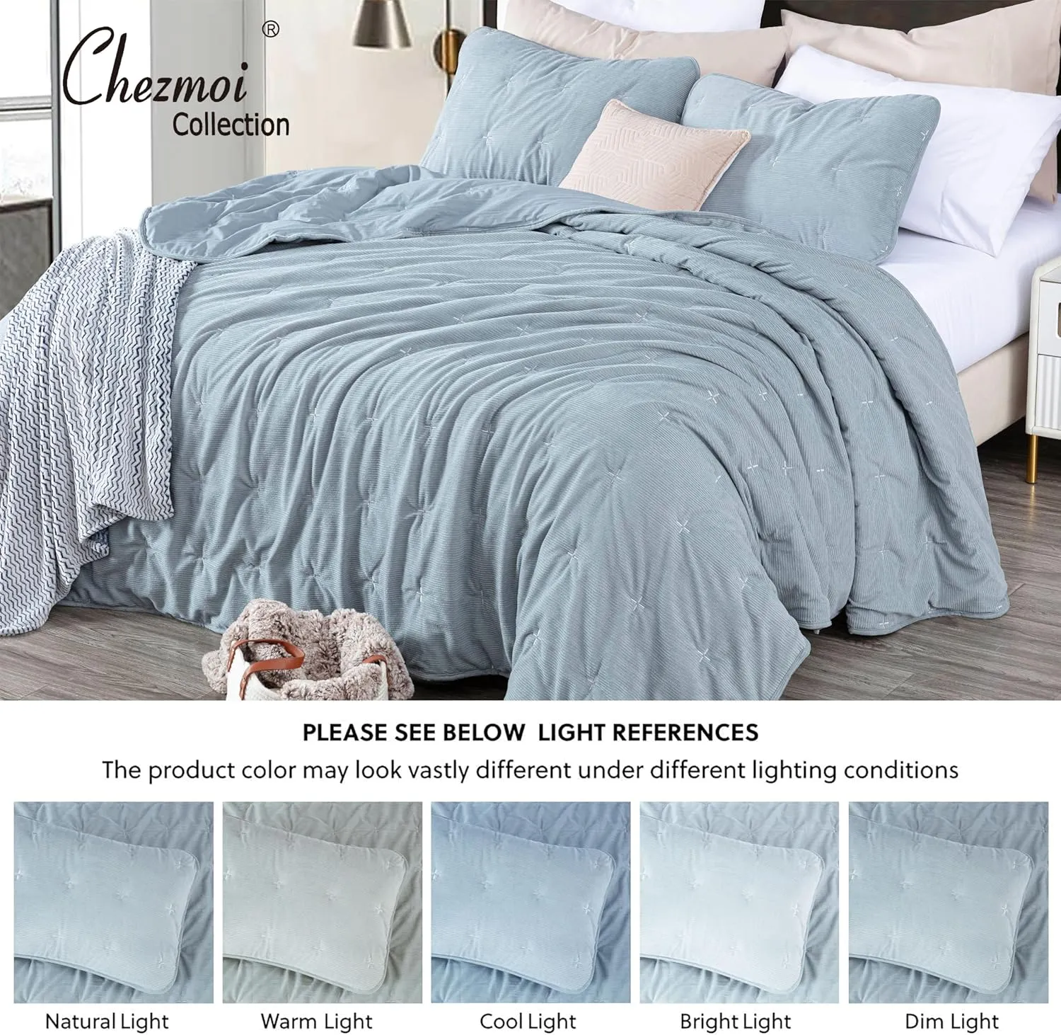 Chezmoi Collection Corduroy Full Comforter Set Smoke Blue, 3-Piece Luxury Cross Stitch Soft Plush Warm Polyester Corduory Bedding, 1 Comforter 86 in x 88 in and 2 Pillow Shams 20 in x 26 in