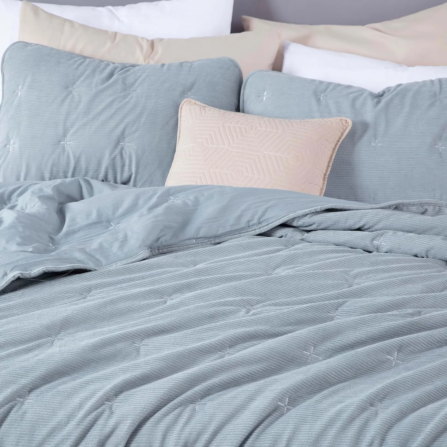 Chezmoi Collection Corduroy Full Comforter Set Smoke Blue, 3-Piece Luxury Cross Stitch Soft Plush Warm Polyester Corduory Bedding, 1 Comforter 86 in x 88 in and 2 Pillow Shams 20 in x 26 in