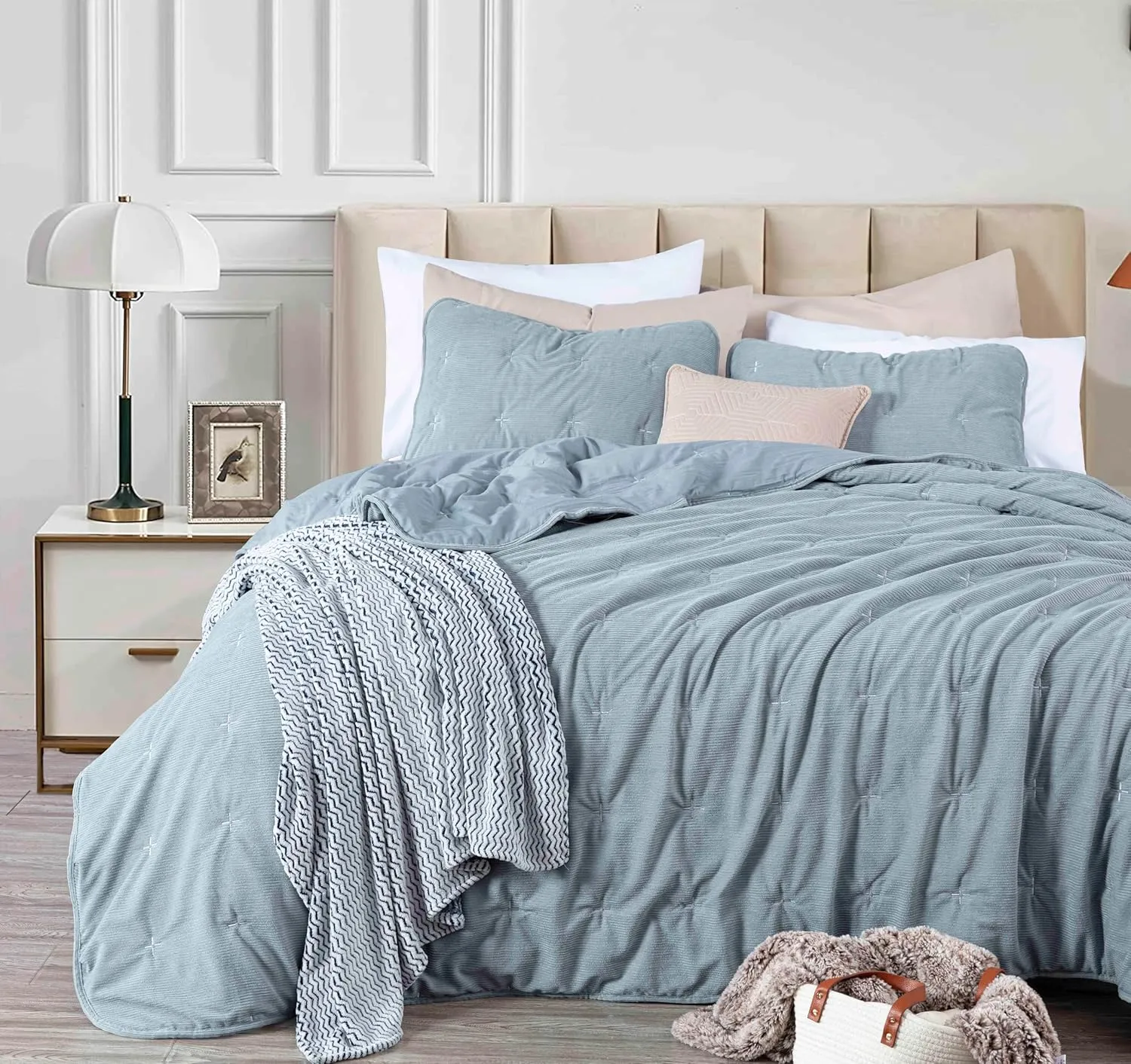 Chezmoi Collection Corduroy Full Comforter Set Smoke Blue, 3-Piece Luxury Cross Stitch Soft Plush Warm Polyester Corduory Bedding, 1 Comforter 86 in x 88 in and 2 Pillow Shams 20 in x 26 in