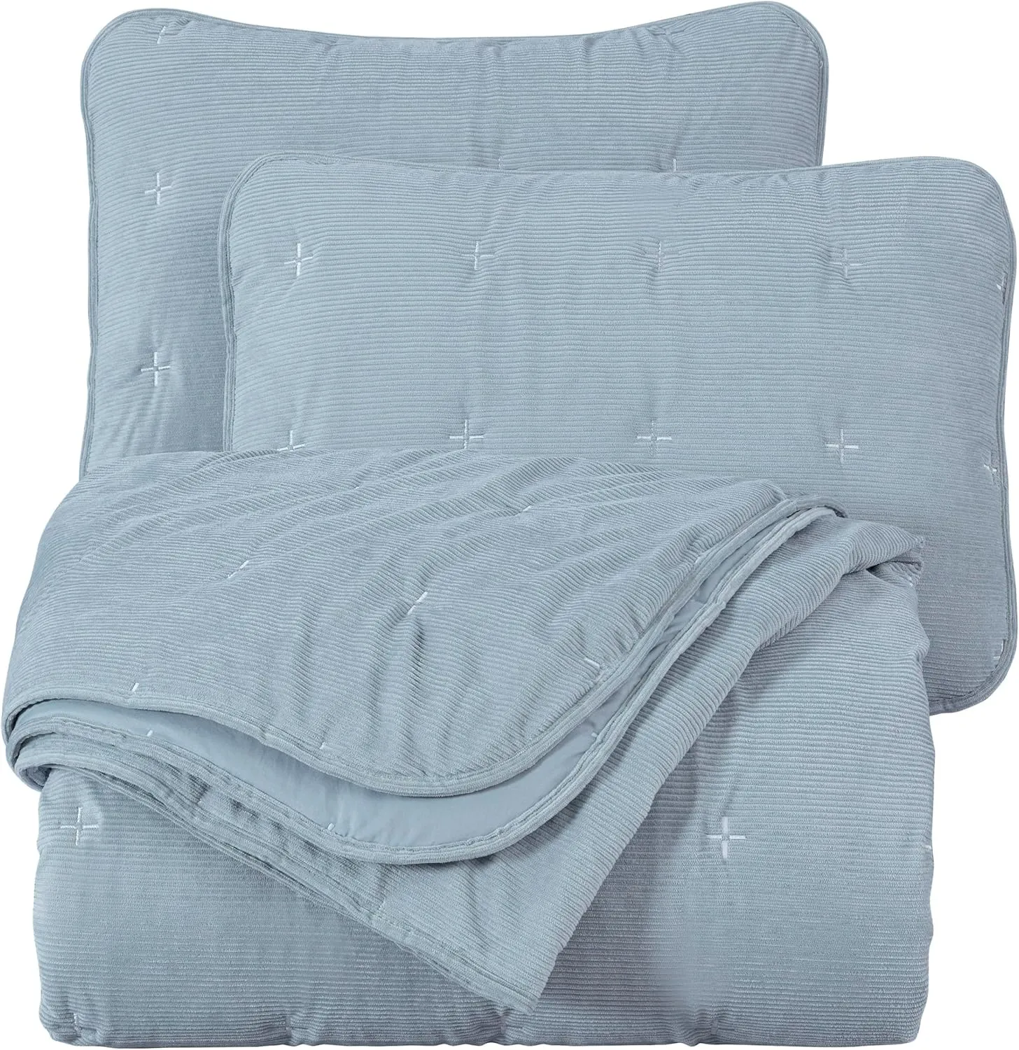Chezmoi Collection Corduroy Full Comforter Set Smoke Blue, 3-Piece Luxury Cross Stitch Soft Plush Warm Polyester Corduory Bedding, 1 Comforter 86 in x 88 in and 2 Pillow Shams 20 in x 26 in