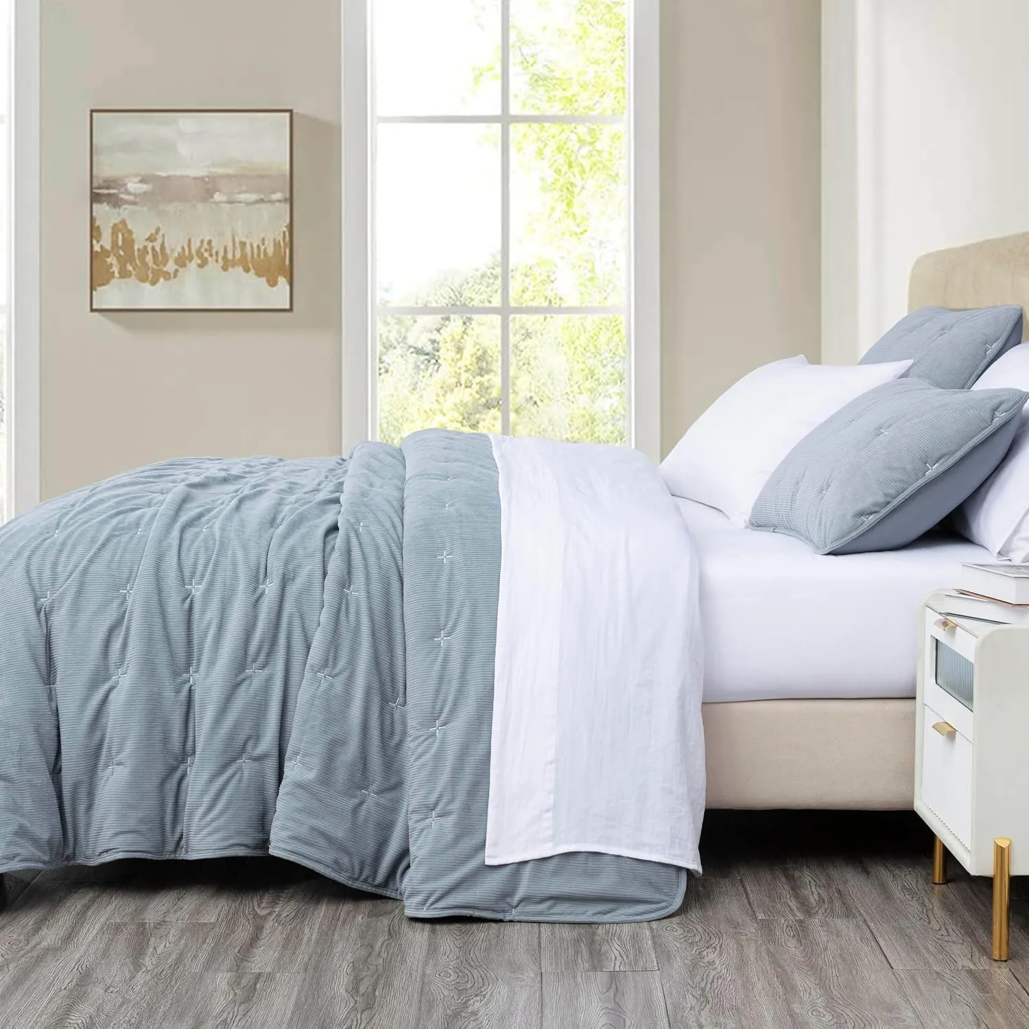 Chezmoi Collection Corduroy Full Comforter Set Smoke Blue, 3-Piece Luxury Cross Stitch Soft Plush Warm Polyester Corduory Bedding, 1 Comforter 86 in x 88 in and 2 Pillow Shams 20 in x 26 in