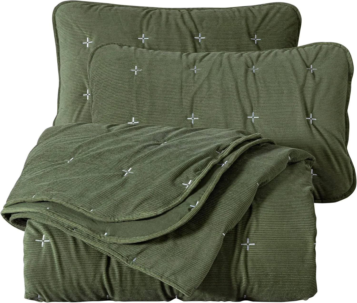 Chezmoi Collection Corduroy King Quilt Set Olive Green, 3-Piece Luxury Soft Cross Stitch Polyester Corduory Lightweight Bedspread, 1 Quilt 106 in x 94 in and 2 Pillow Shams 20 in x 36 in