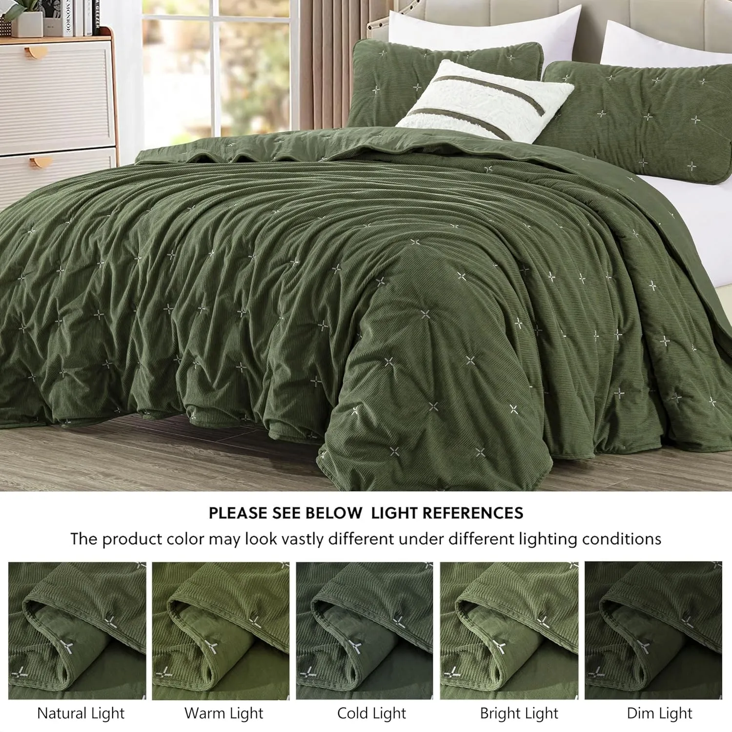 Chezmoi Collection Corduroy King Quilt Set Olive Green, 3-Piece Luxury Soft Cross Stitch Polyester Corduory Lightweight Bedspread, 1 Quilt 106 in x 94 in and 2 Pillow Shams 20 in x 36 in