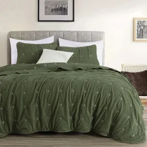 Chezmoi Collection Corduroy King Quilt Set Olive Green, 3-Piece Luxury Soft Cross Stitch Polyester Corduory Lightweight Bedspread, 1 Quilt 106 in x 94 in and 2 Pillow Shams 20 in x 36 in