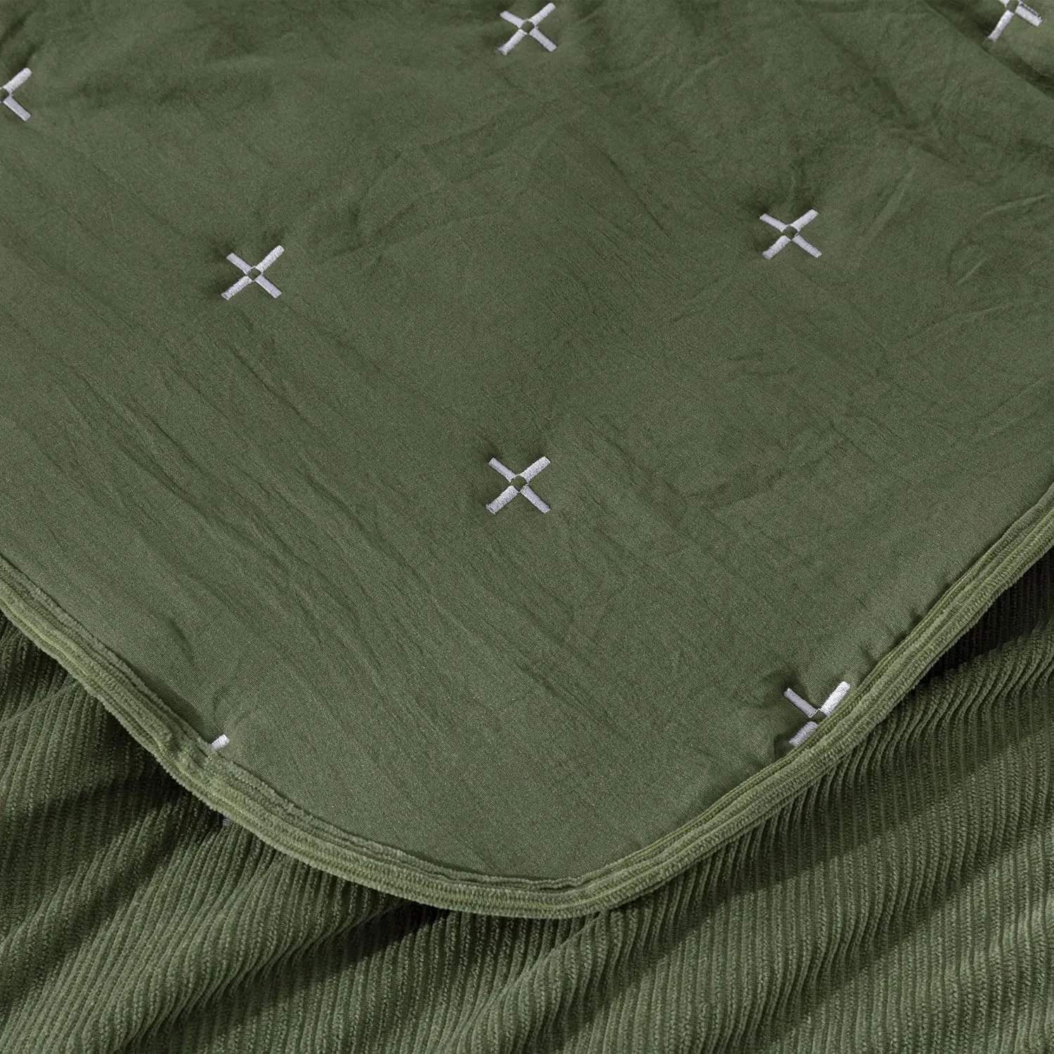 Chezmoi Collection Corduroy King Quilt Set Olive Green, 3-Piece Luxury Soft Cross Stitch Polyester Corduory Lightweight Bedspread, 1 Quilt 106 in x 94 in and 2 Pillow Shams 20 in x 36 in