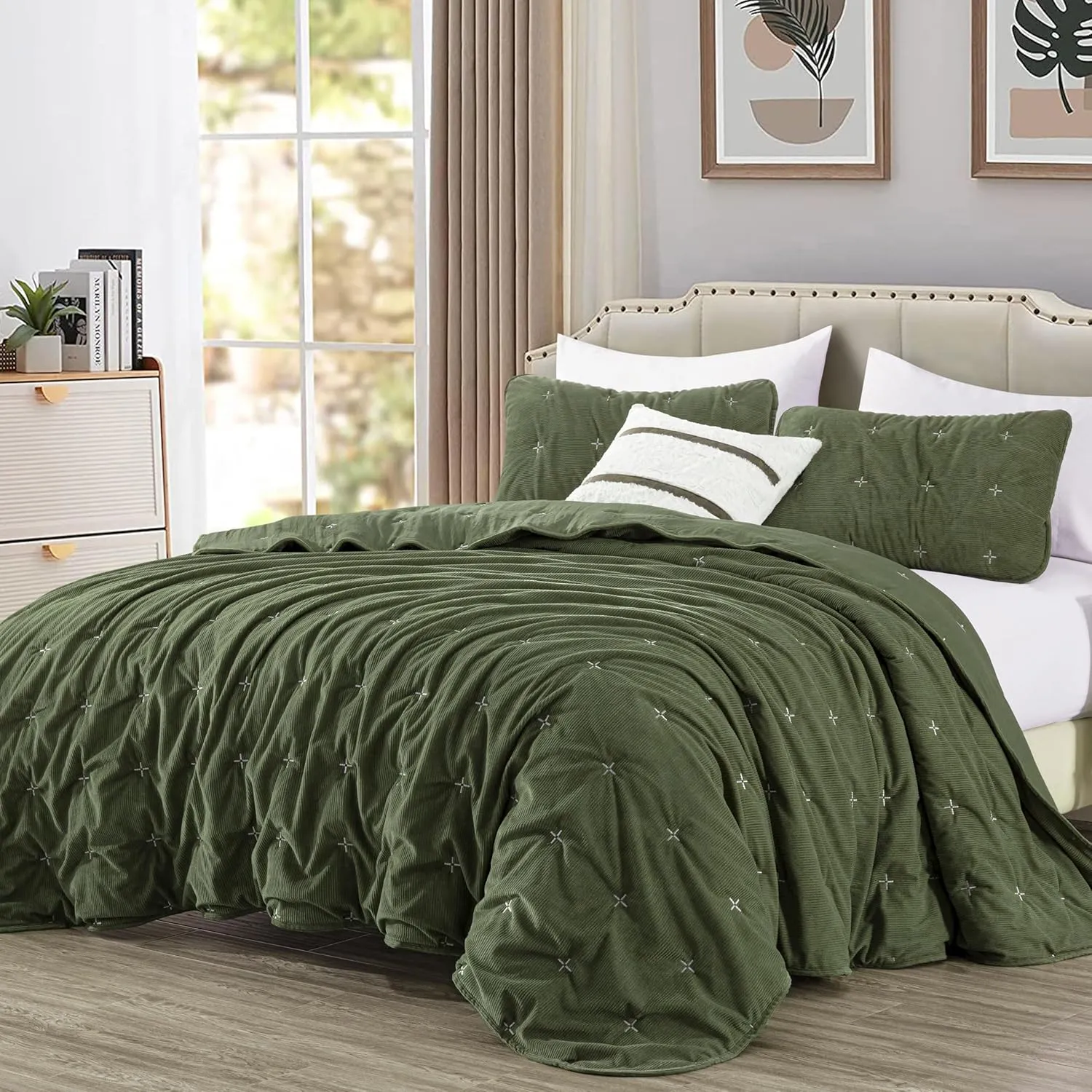 Chezmoi Collection Corduroy King Quilt Set Olive Green, 3-Piece Luxury Soft Cross Stitch Polyester Corduory Lightweight Bedspread, 1 Quilt 106 in x 94 in and 2 Pillow Shams 20 in x 36 in