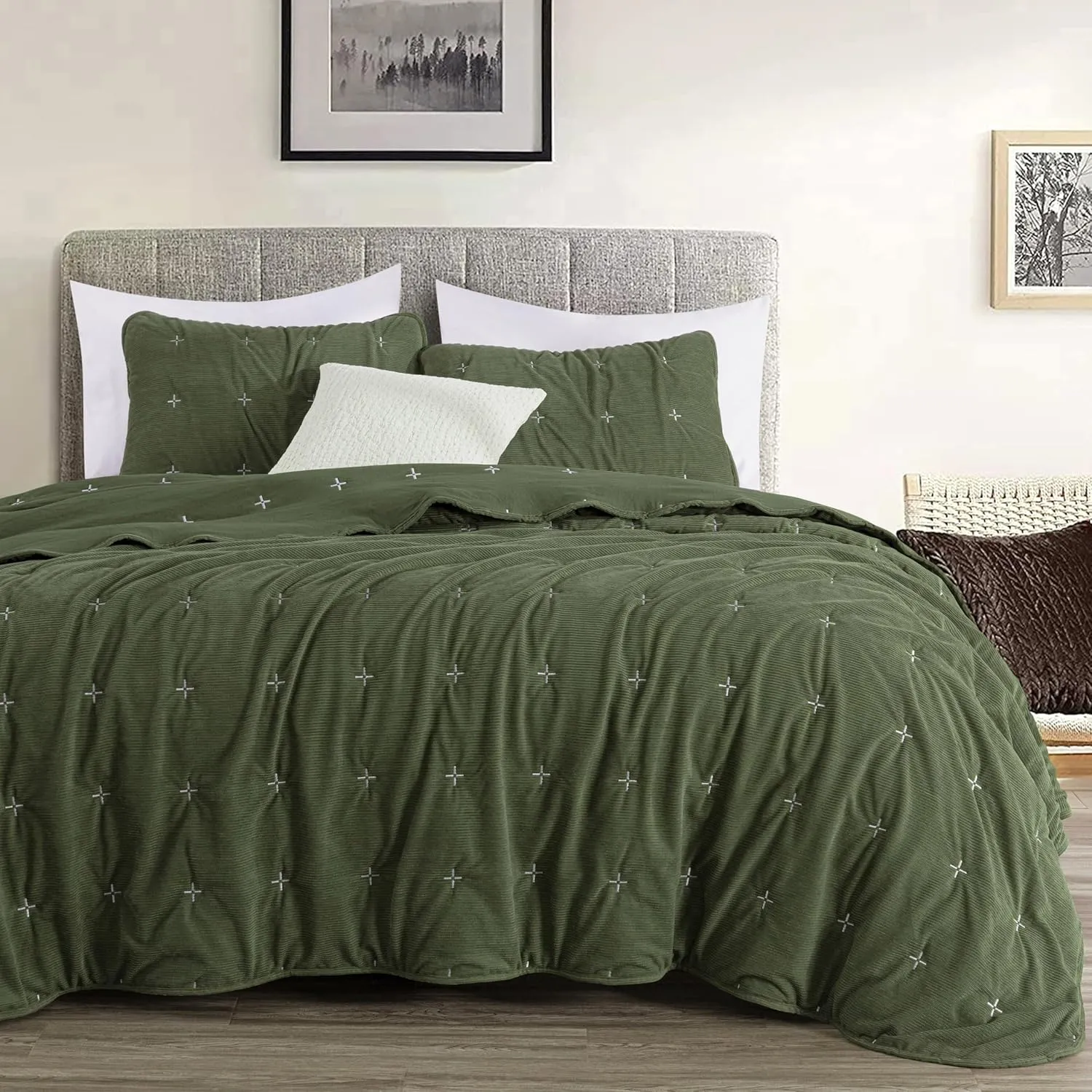 Chezmoi Collection Corduroy King Quilt Set Olive Green, 3-Piece Luxury Soft Cross Stitch Polyester Corduory Lightweight Bedspread, 1 Quilt 106 in x 94 in and 2 Pillow Shams 20 in x 36 in
