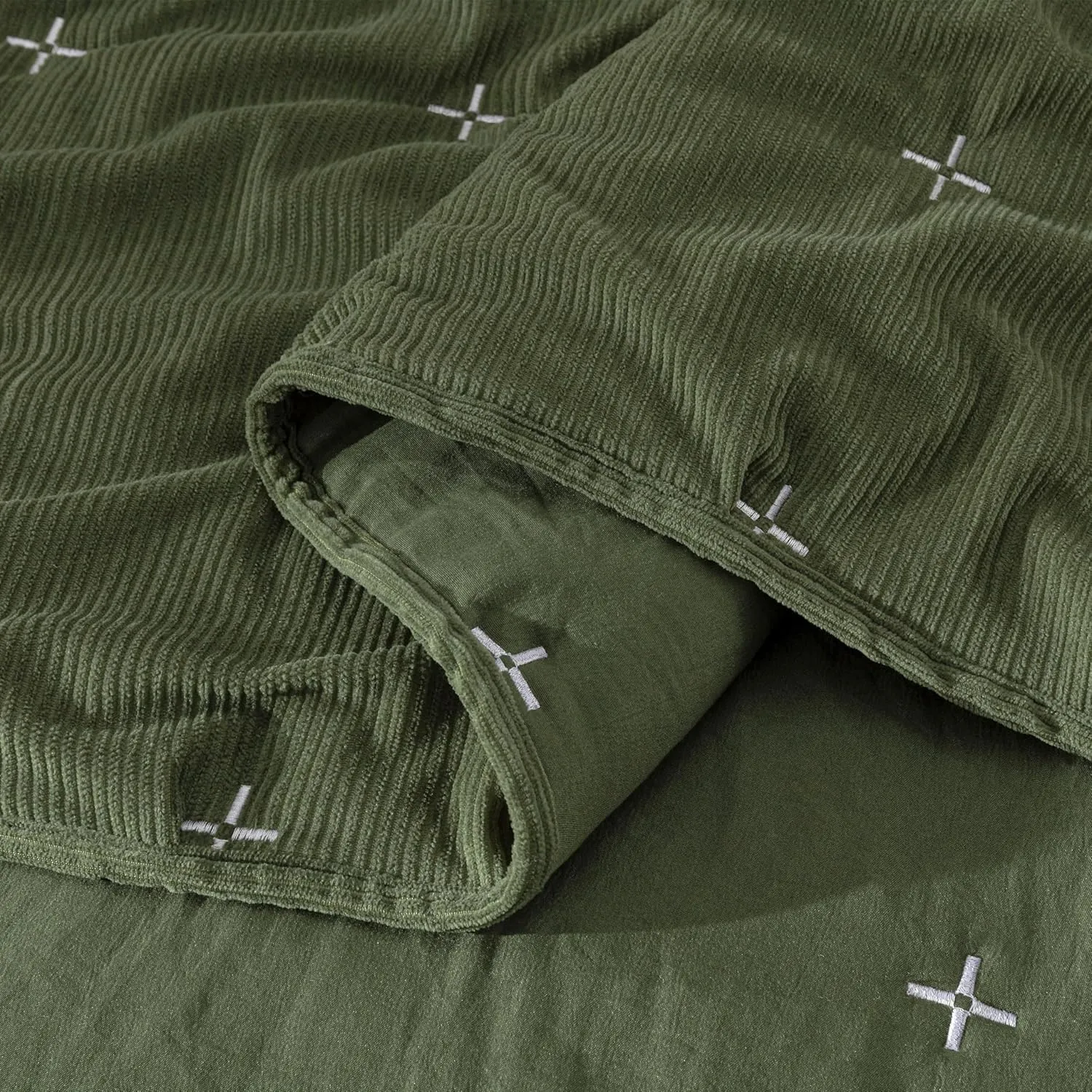 Chezmoi Collection Corduroy King Quilt Set Olive Green, 3-Piece Luxury Soft Cross Stitch Polyester Corduory Lightweight Bedspread, 1 Quilt 106 in x 94 in and 2 Pillow Shams 20 in x 36 in