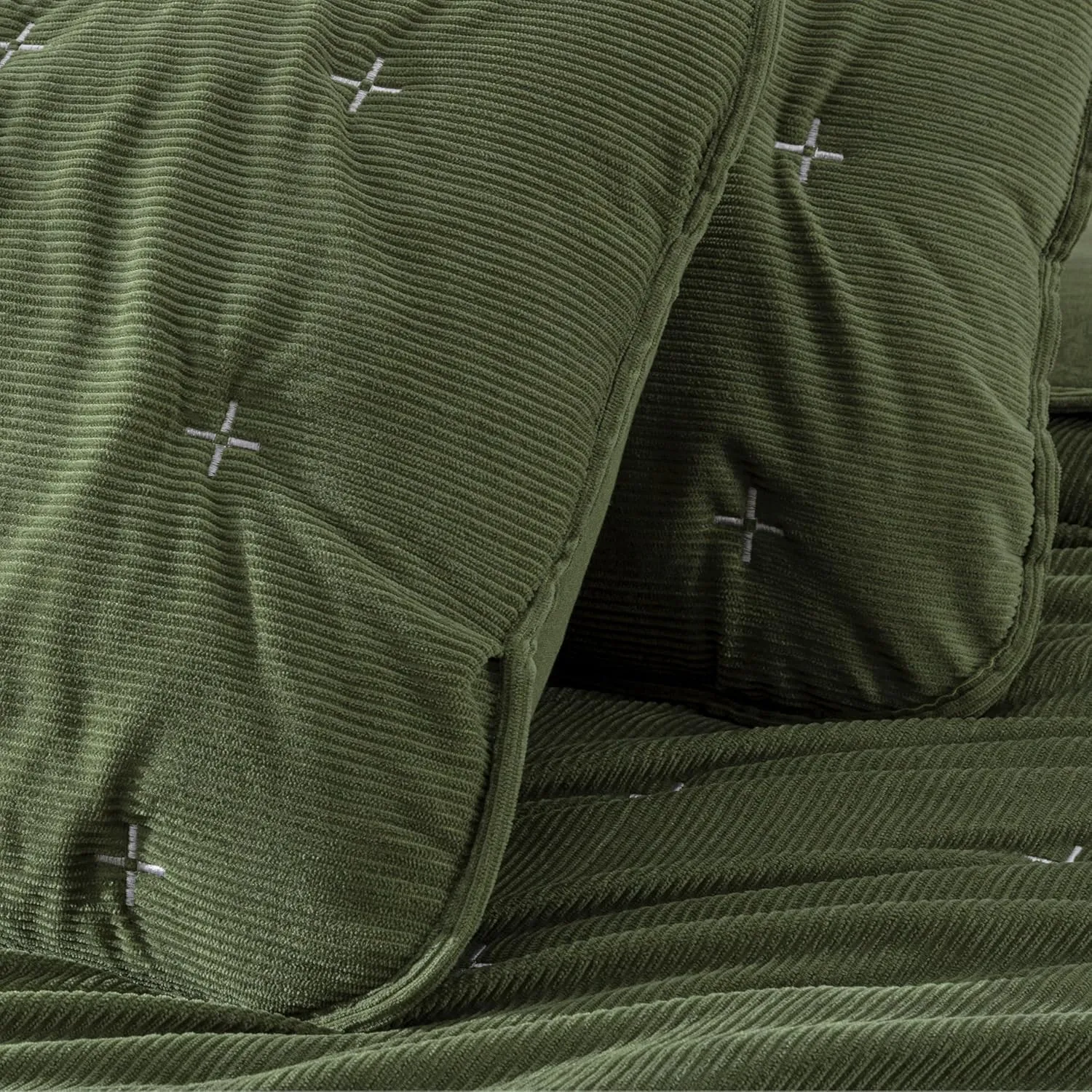 Chezmoi Collection Corduroy King Quilt Set Olive Green, 3-Piece Luxury Soft Cross Stitch Polyester Corduory Lightweight Bedspread, 1 Quilt 106 in x 94 in and 2 Pillow Shams 20 in x 36 in