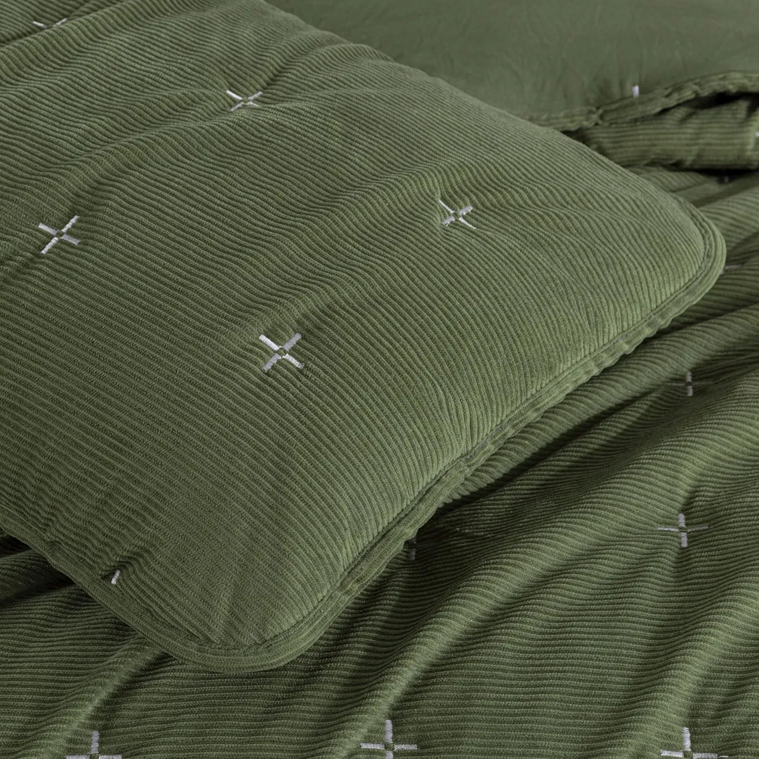 Chezmoi Collection Corduroy King Quilt Set Olive Green, 3-Piece Luxury Soft Cross Stitch Polyester Corduory Lightweight Bedspread, 1 Quilt 106 in x 94 in and 2 Pillow Shams 20 in x 36 in