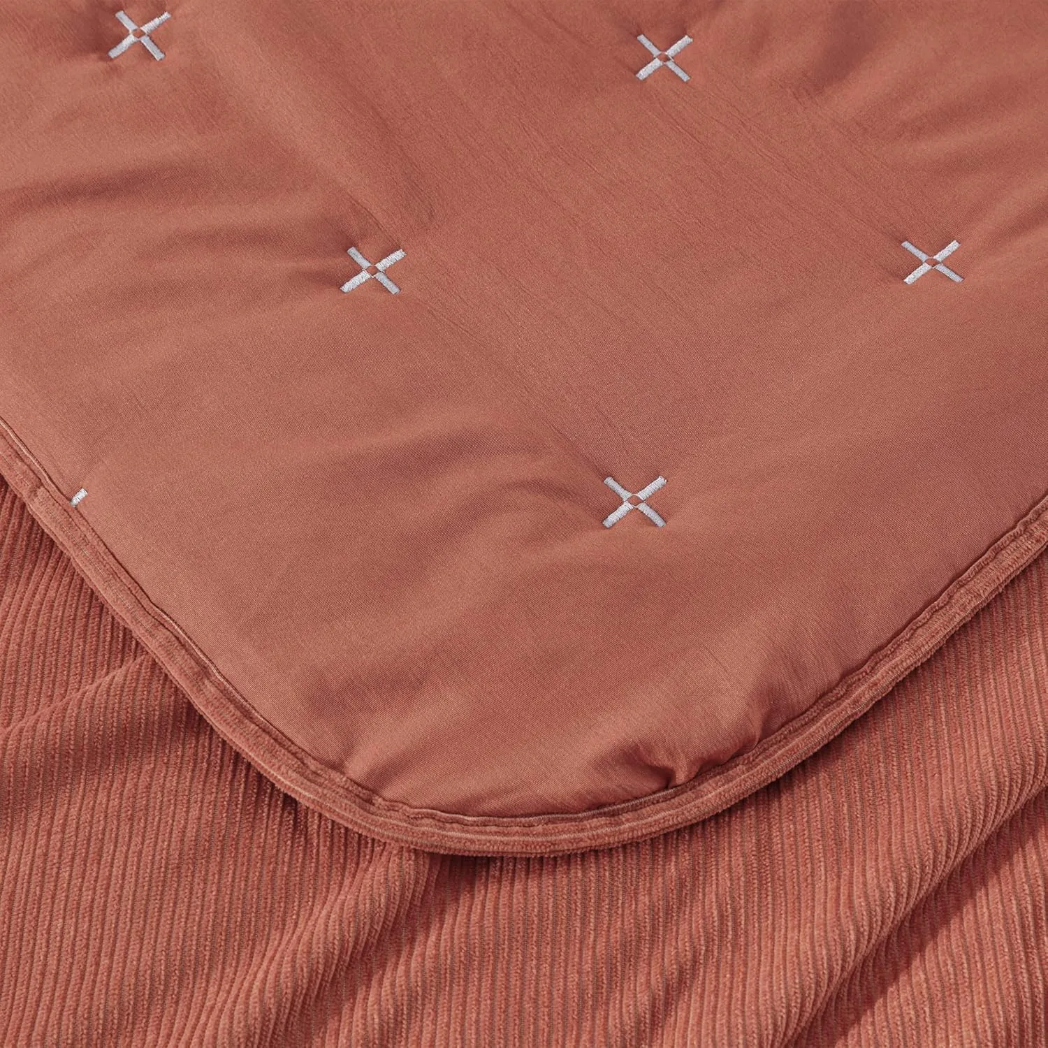 Chezmoi Collection Corduroy King Quilt Set Terracotta, 3-Piece Luxury Soft Cross Stitch Polyester Corduory Lightweight Bedspread, 1 Quilt 106 in x 94 in and 2 Pillow Shams 20 in x 36 in
