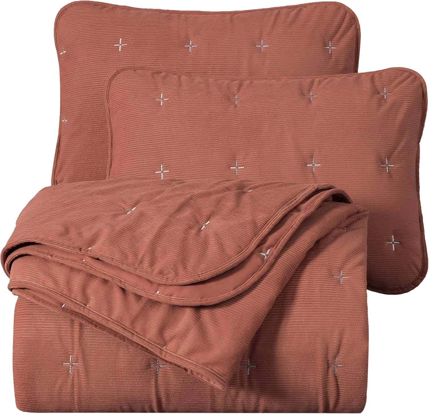 Chezmoi Collection Corduroy King Quilt Set Terracotta, 3-Piece Luxury Soft Cross Stitch Polyester Corduory Lightweight Bedspread, 1 Quilt 106 in x 94 in and 2 Pillow Shams 20 in x 36 in
