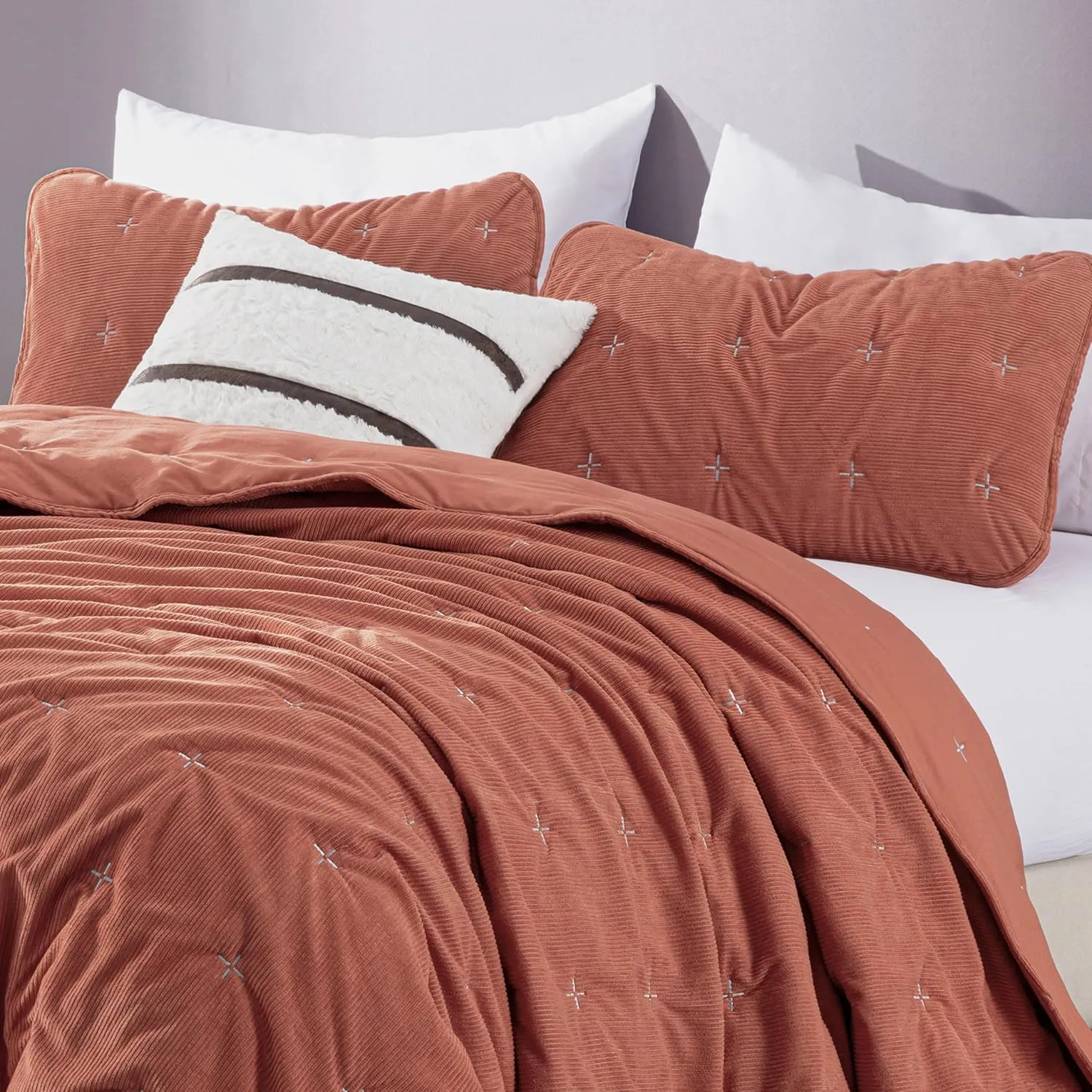 Chezmoi Collection Corduroy King Quilt Set Terracotta, 3-Piece Luxury Soft Cross Stitch Polyester Corduory Lightweight Bedspread, 1 Quilt 106 in x 94 in and 2 Pillow Shams 20 in x 36 in