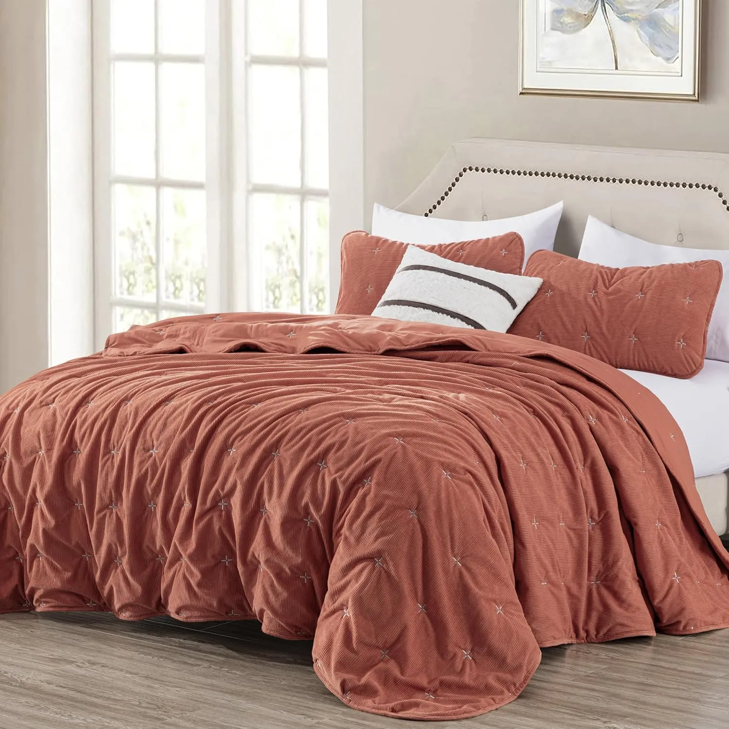 Chezmoi Collection Corduroy King Quilt Set Terracotta, 3-Piece Luxury Soft Cross Stitch Polyester Corduory Lightweight Bedspread, 1 Quilt 106 in x 94 in and 2 Pillow Shams 20 in x 36 in