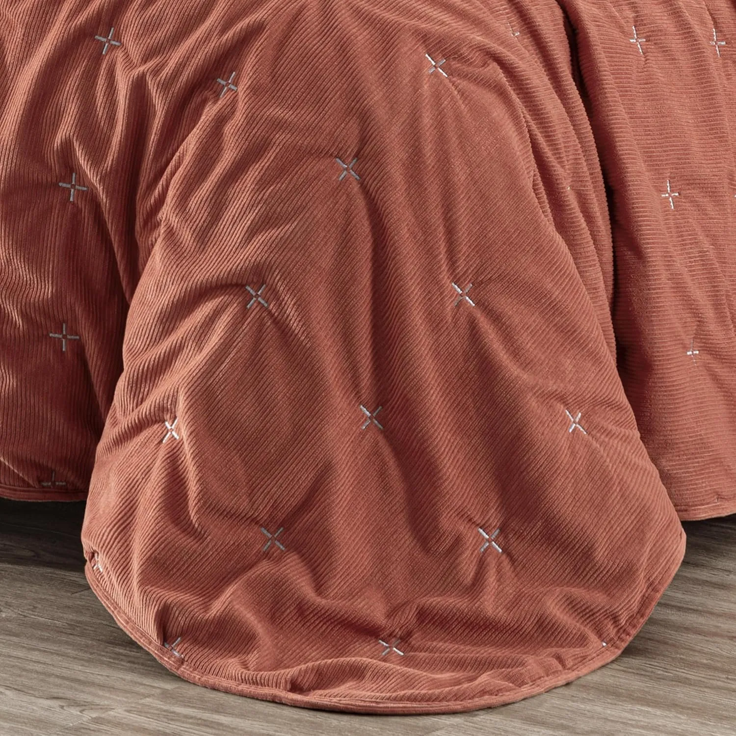Chezmoi Collection Corduroy King Quilt Set Terracotta, 3-Piece Luxury Soft Cross Stitch Polyester Corduory Lightweight Bedspread, 1 Quilt 106 in x 94 in and 2 Pillow Shams 20 in x 36 in
