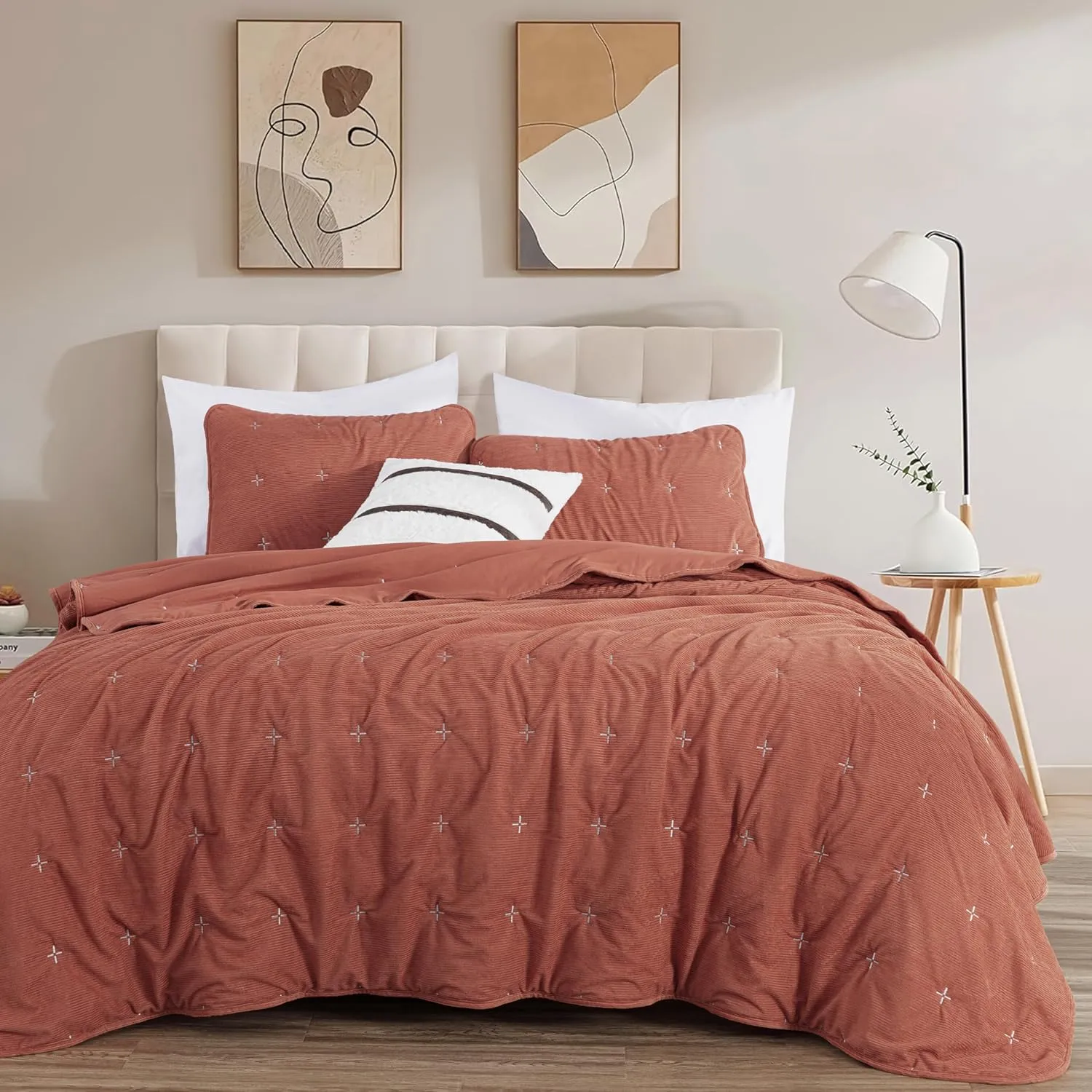 Chezmoi Collection Corduroy King Quilt Set Terracotta, 3-Piece Luxury Soft Cross Stitch Polyester Corduory Lightweight Bedspread, 1 Quilt 106 in x 94 in and 2 Pillow Shams 20 in x 36 in