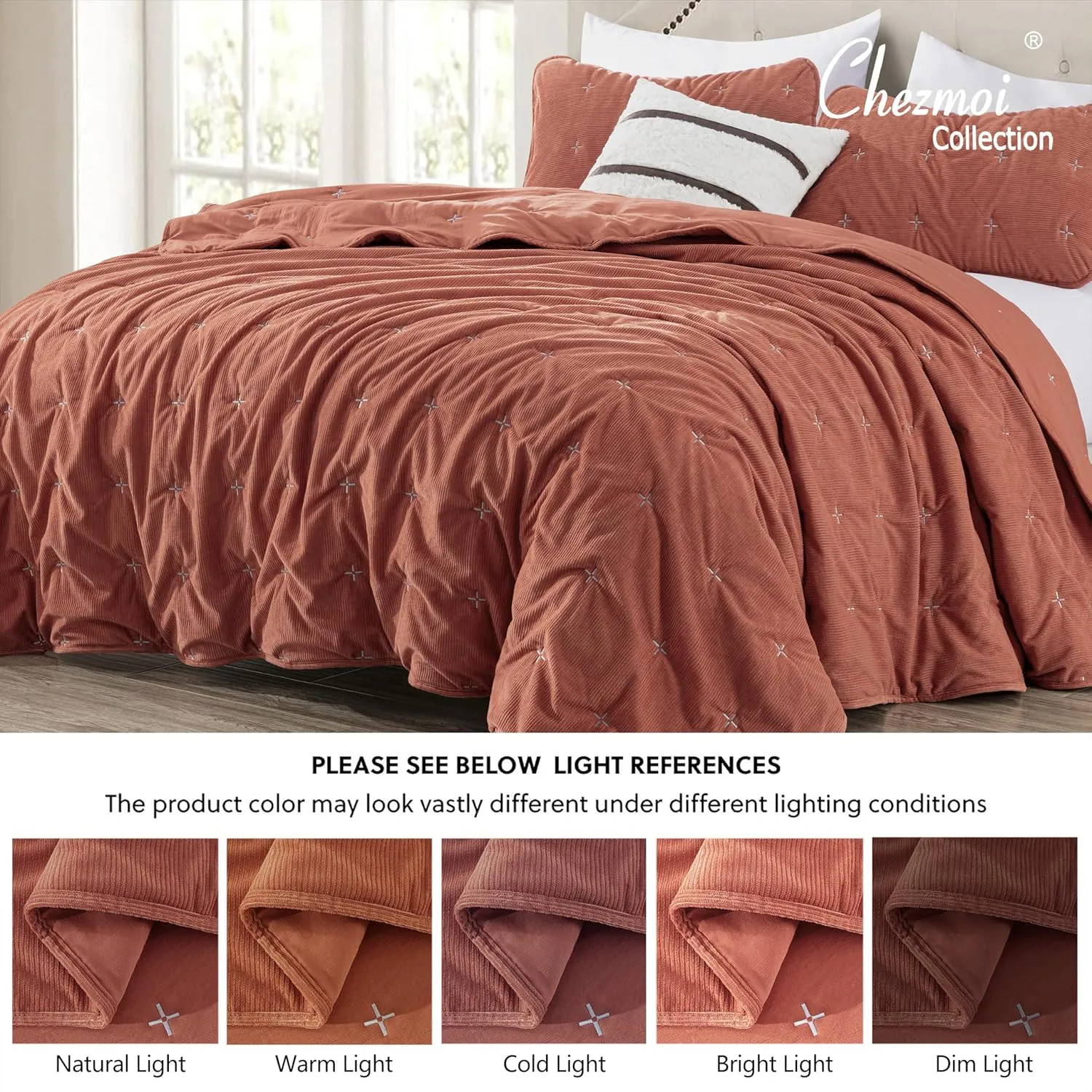 Chezmoi Collection Corduroy King Quilt Set Terracotta, 3-Piece Luxury Soft Cross Stitch Polyester Corduory Lightweight Bedspread, 1 Quilt 106 in x 94 in and 2 Pillow Shams 20 in x 36 in