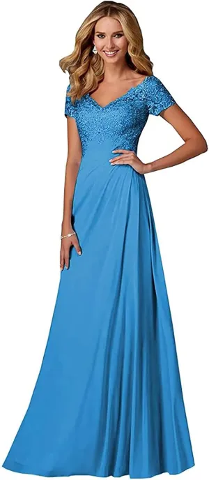 Chiffon Mother of The Bride Dresses Long Laces Appliques V-Neck Pleat Mother Bride Dresses for Wedding with Sleeves