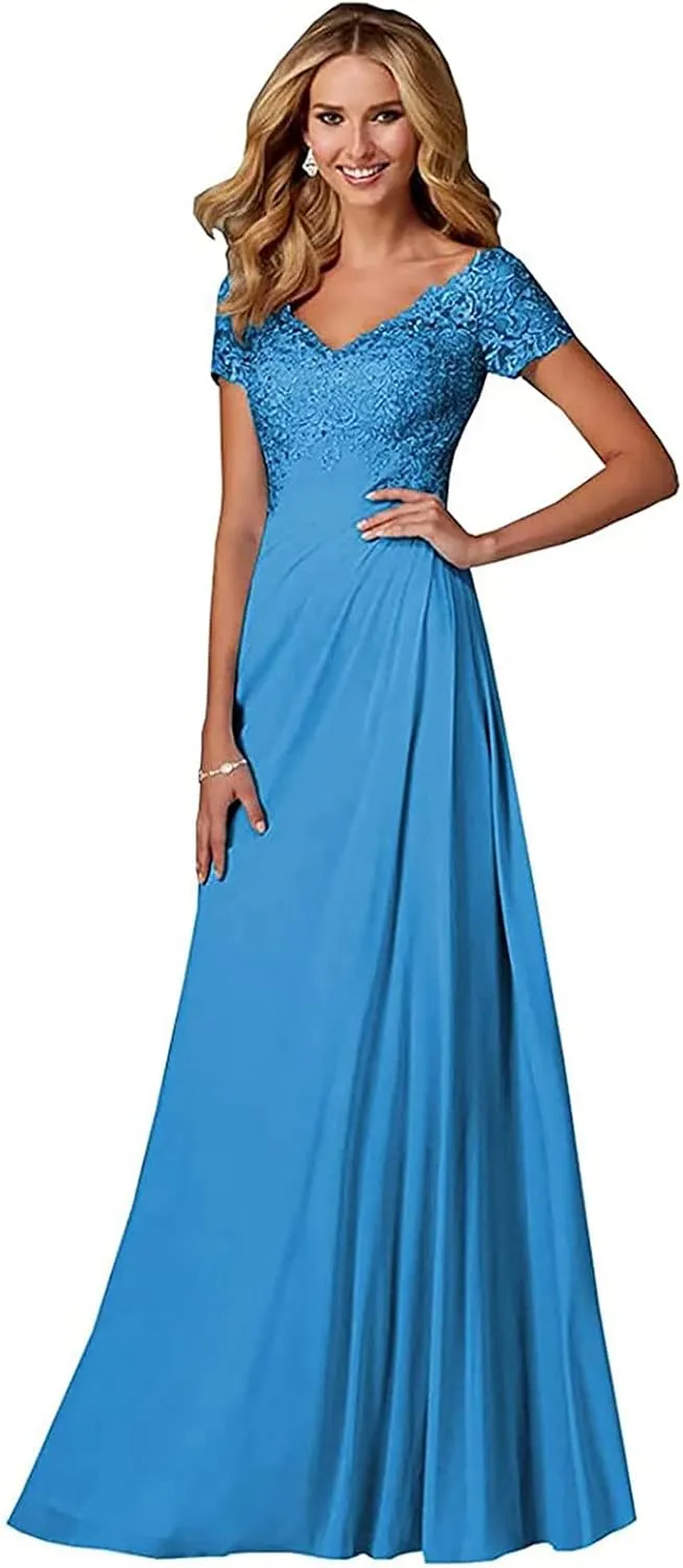 Chiffon Mother of The Bride Dresses Long Laces Appliques V-Neck Pleat Mother Bride Dresses for Wedding with Sleeves