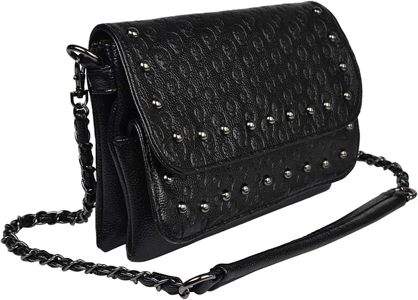 Chikencall Womens Punk Skull Print Crossbody Bag PU Leather Gothic Skull Shoulder Bag Purse with Chain
