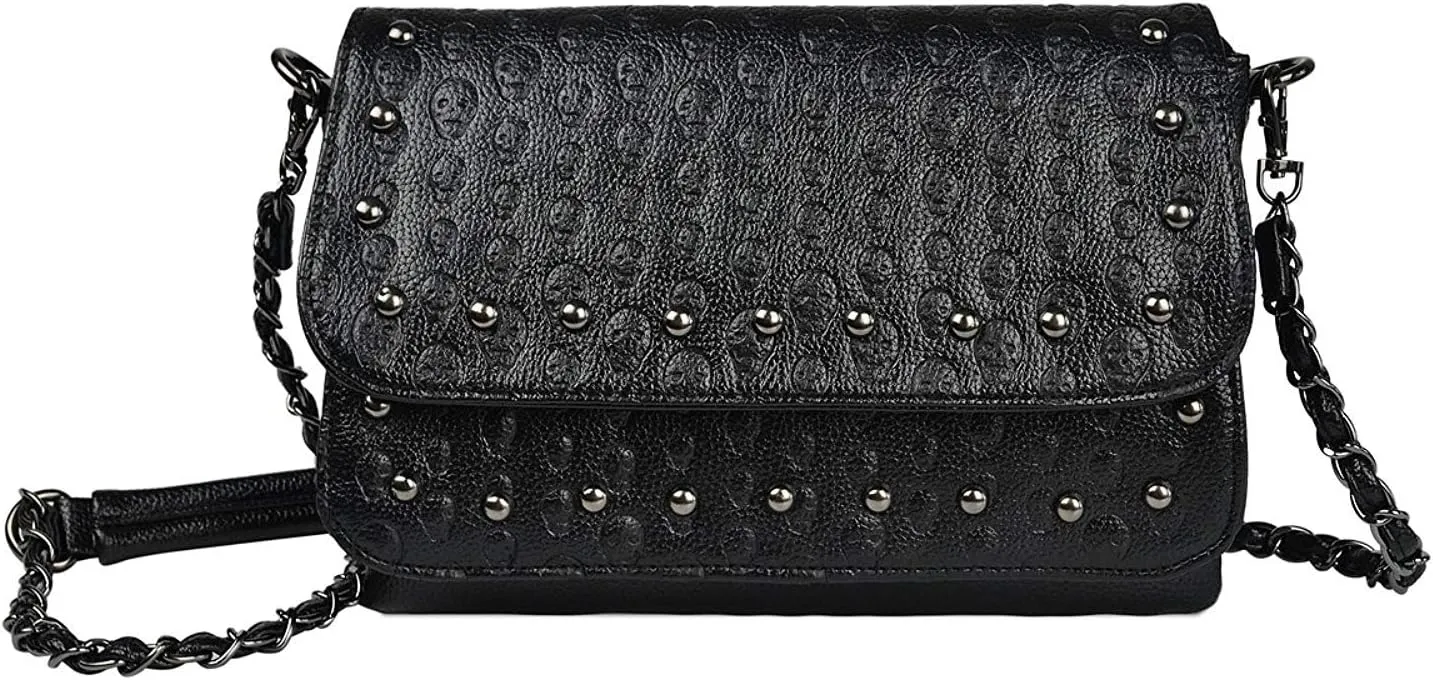 Chikencall Womens Punk Skull Print Crossbody Bag PU Leather Gothic Skull Shoulder Bag Purse with Chain
