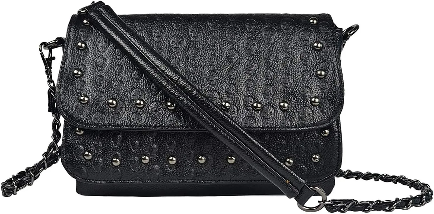 Chikencall Womens Punk Skull Print Crossbody Bag PU Leather Gothic Skull Shoulder Bag Purse with Chain