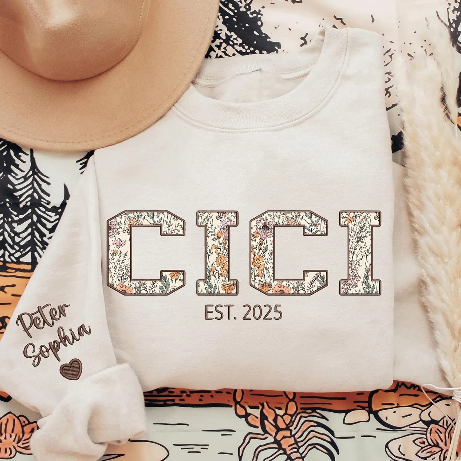 Chillever Custom Grandma Embroidered Sweatshirt, Mama Floral Applique Sweatshirt, New Mom Gifts
