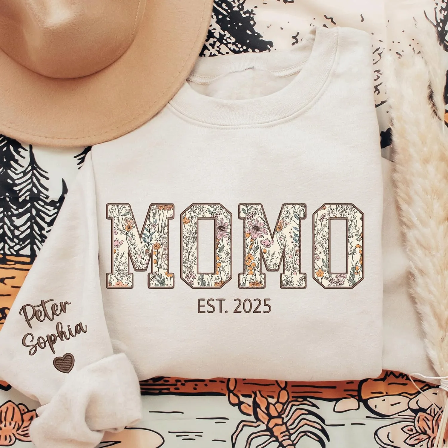 Chillever Custom Grandma Embroidered Sweatshirt, Mama Floral Applique Sweatshirt, New Mom Gifts