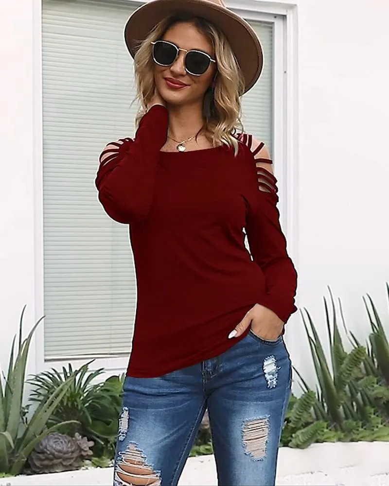 Cicy Bell Women's Long Sleeve Cold Shoulder Tops Plain Hollow Out Boat Neck Casual Blouses Shirts