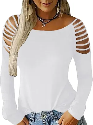 Cicy Bell Women's Long Sleeve Cold Shoulder Tops Plain Hollow Out Boat Neck Casual Blouses Shirts