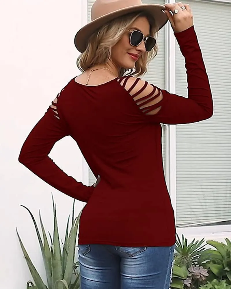 Cicy Bell Women's Long Sleeve Cold Shoulder Tops Plain Hollow Out Boat Neck Casual Blouses Shirts