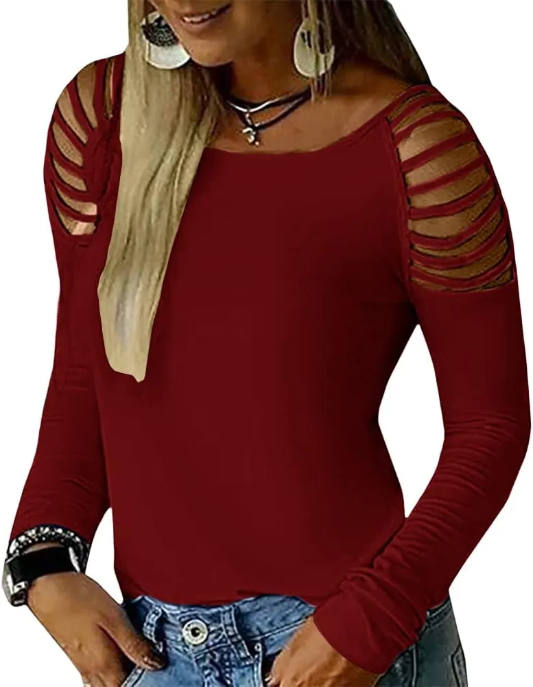 Cicy Bell Women's Long Sleeve Cold Shoulder Tops Plain Hollow Out Boat Neck Casual Blouses Shirts