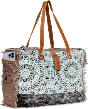 CLA Large Canvas Bag, Multicolor, Cowhide Hair On Leather With Upcycle Canvas Handbag for Women