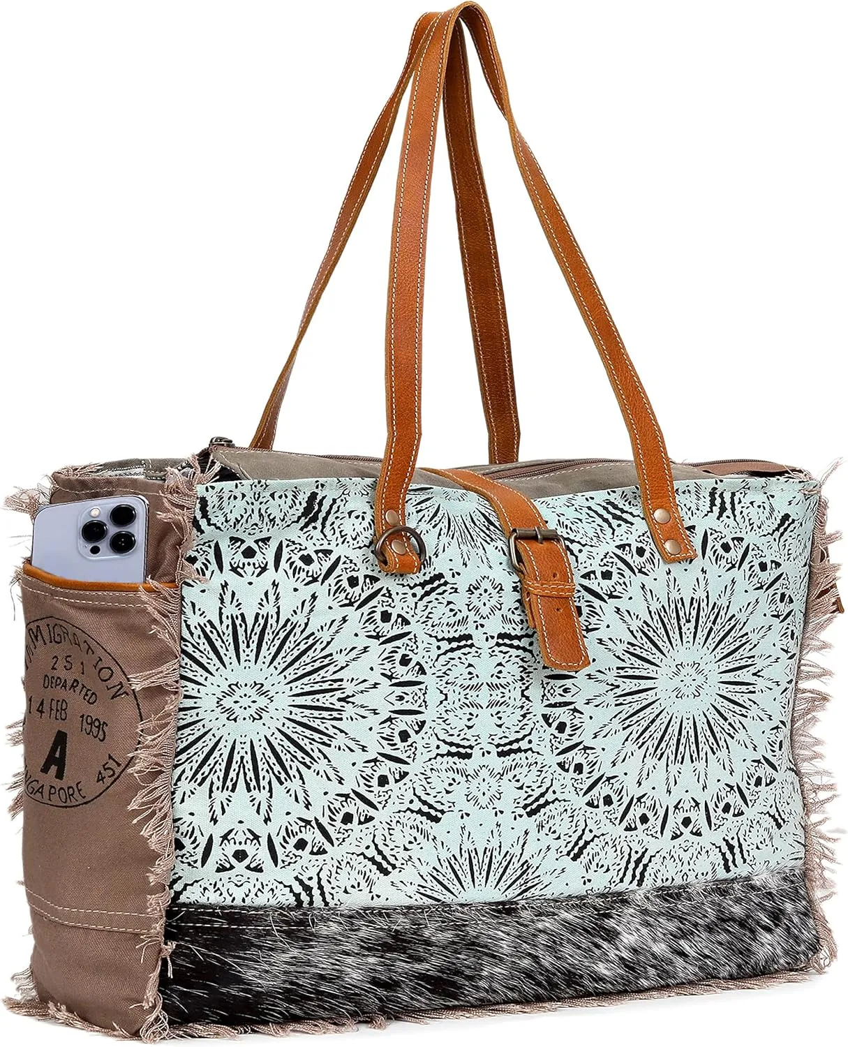 CLA Large Canvas Bag, Multicolor, Cowhide Hair On Leather With Upcycle Canvas Handbag for Women