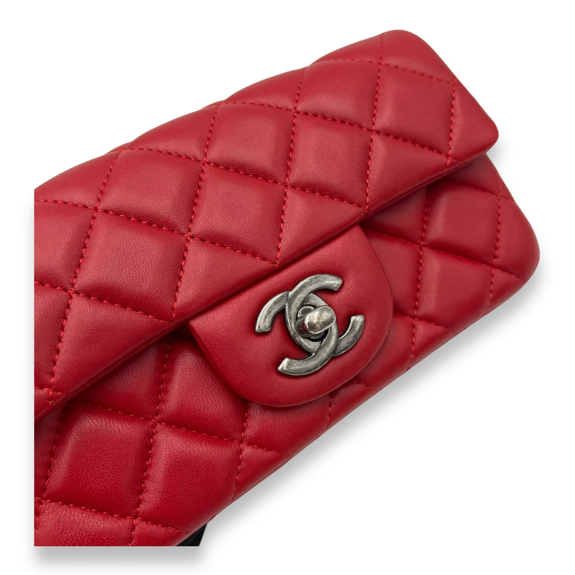 Classic Mini Rectangle Red Crossbody Bag in Lambskin, Ruthenium hardware