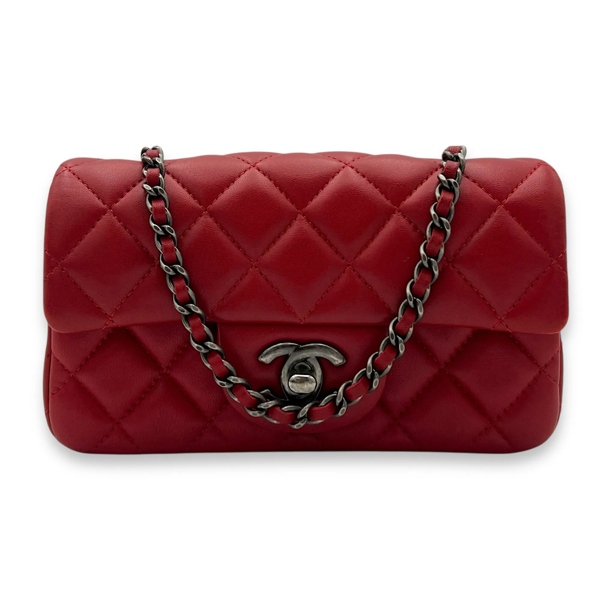 Classic Mini Rectangle Red Crossbody Bag in Lambskin, Ruthenium hardware