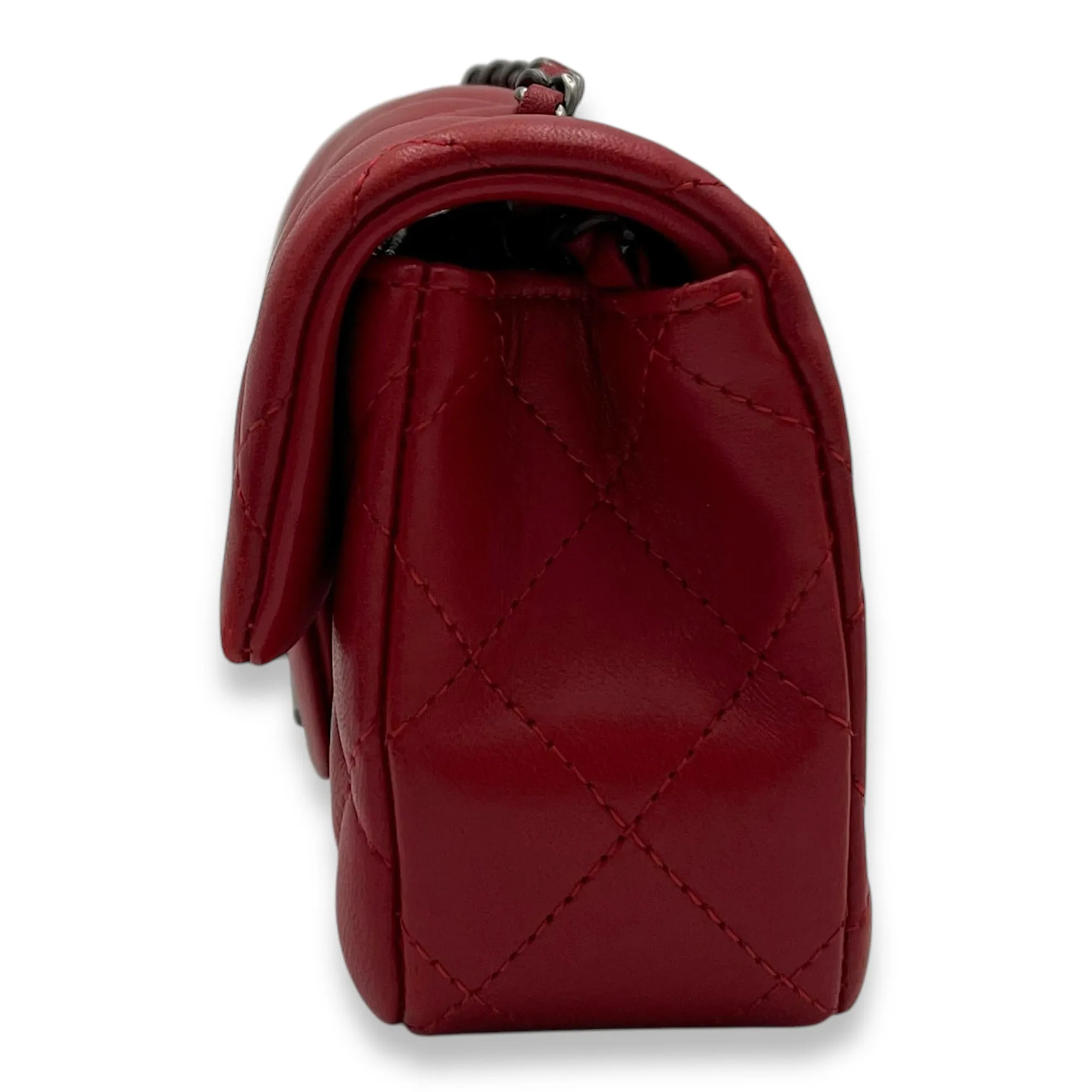 Classic Mini Rectangle Red Crossbody Bag in Lambskin, Ruthenium hardware