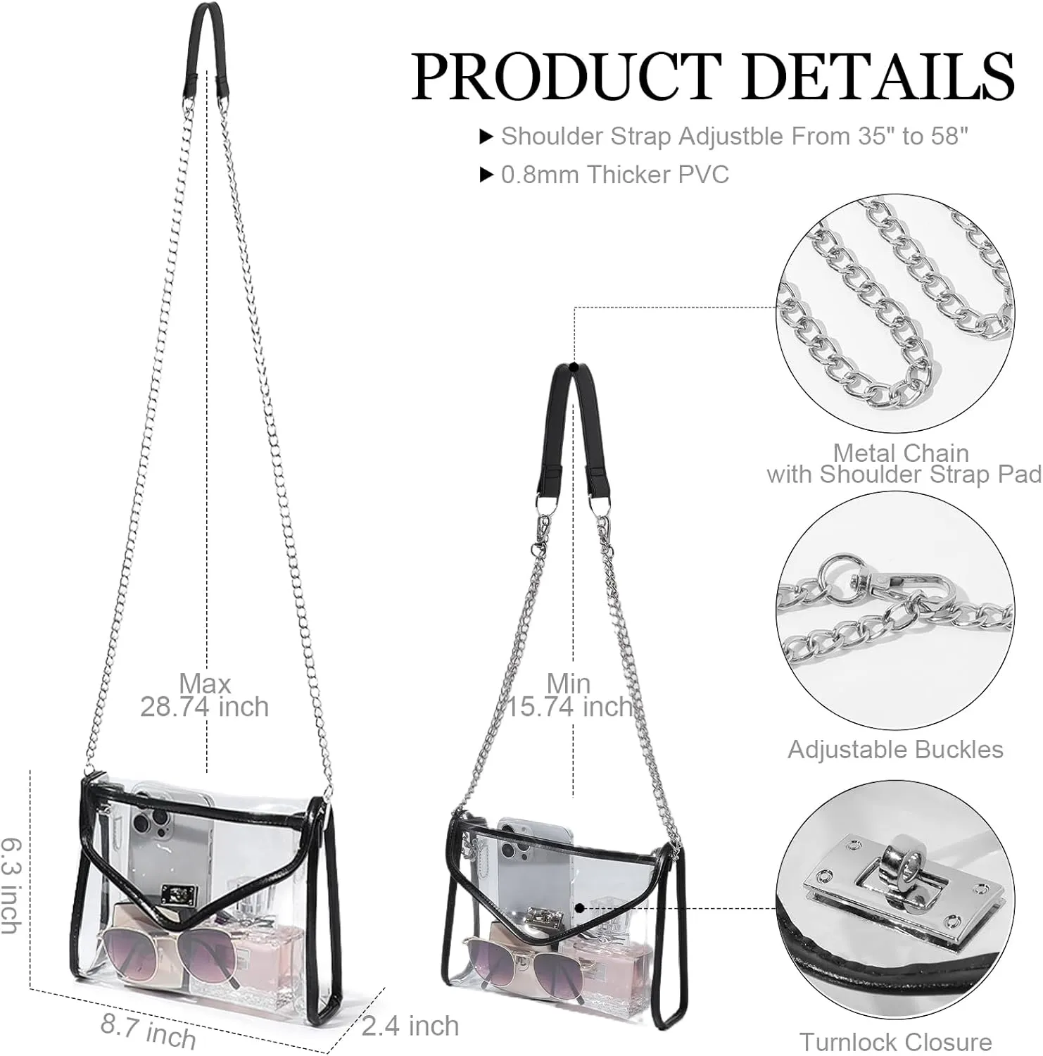Clear Purse for Women Stadium Approved, Clear Crossbody Bag with Leather Edging for Concert Sports Events