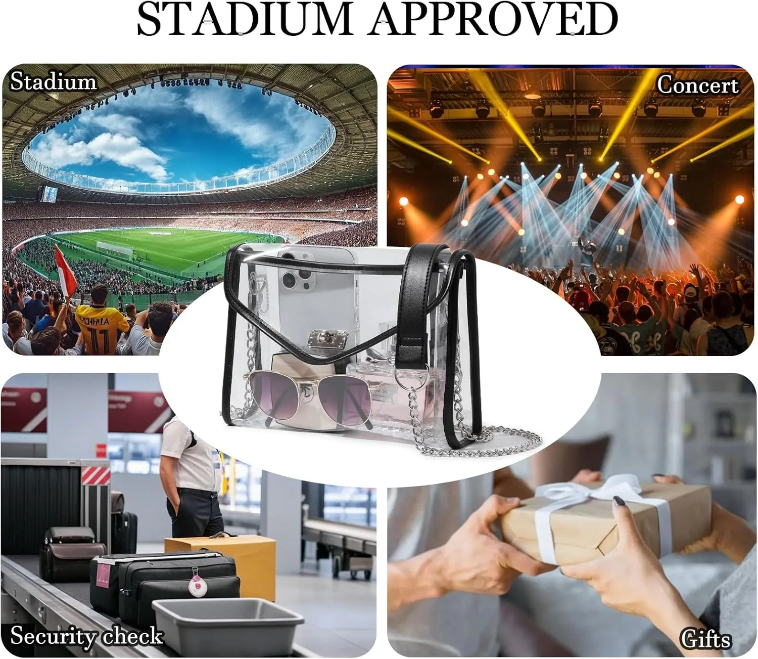 Clear Purse for Women Stadium Approved, Clear Crossbody Bag with Leather Edging for Concert Sports Events