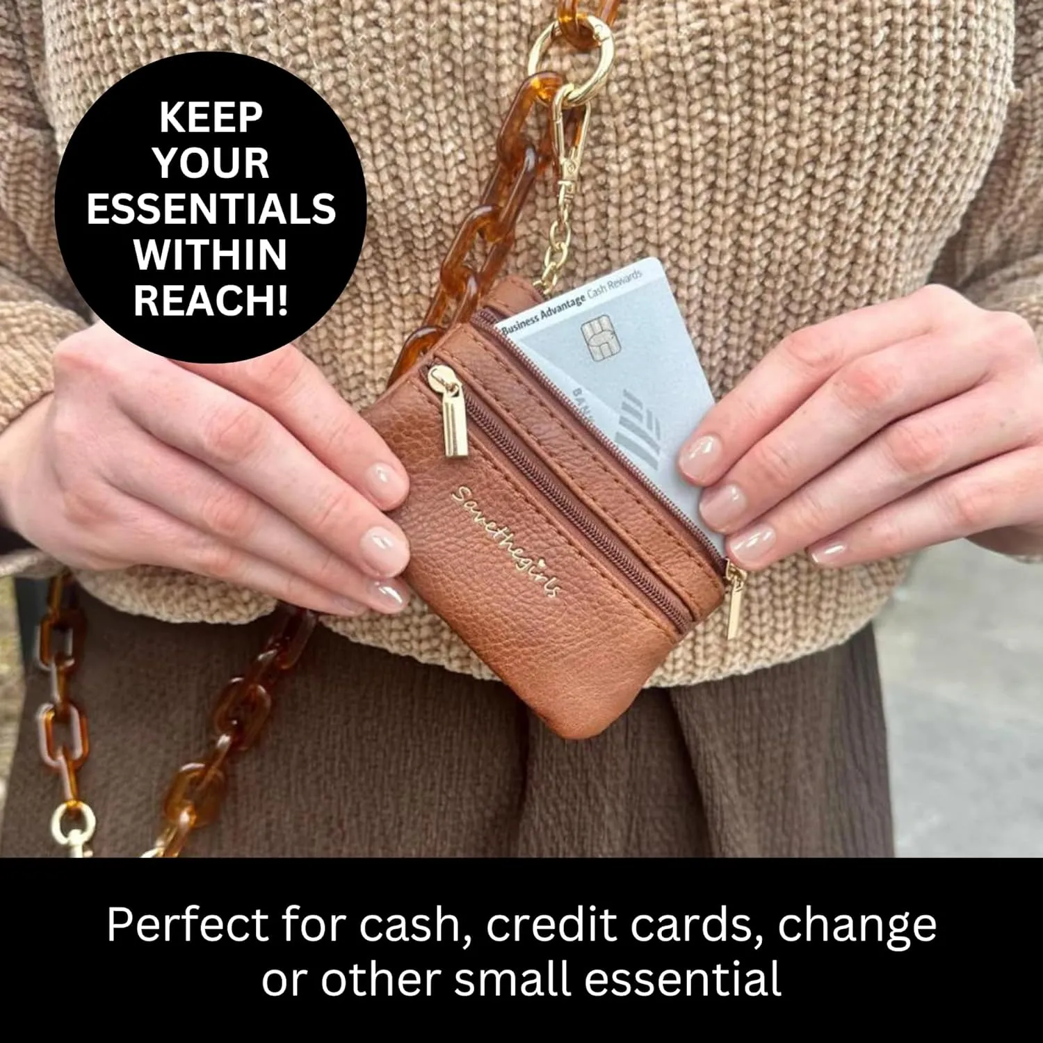 Clip and Go Phone Chain with Pouch (Ice Tea - Brown Pouch) – Stylish Phone Lanyard Crossbody with Wallet for Women, Hands-Free Carrying and Adjustable Crossbody Chain Strap